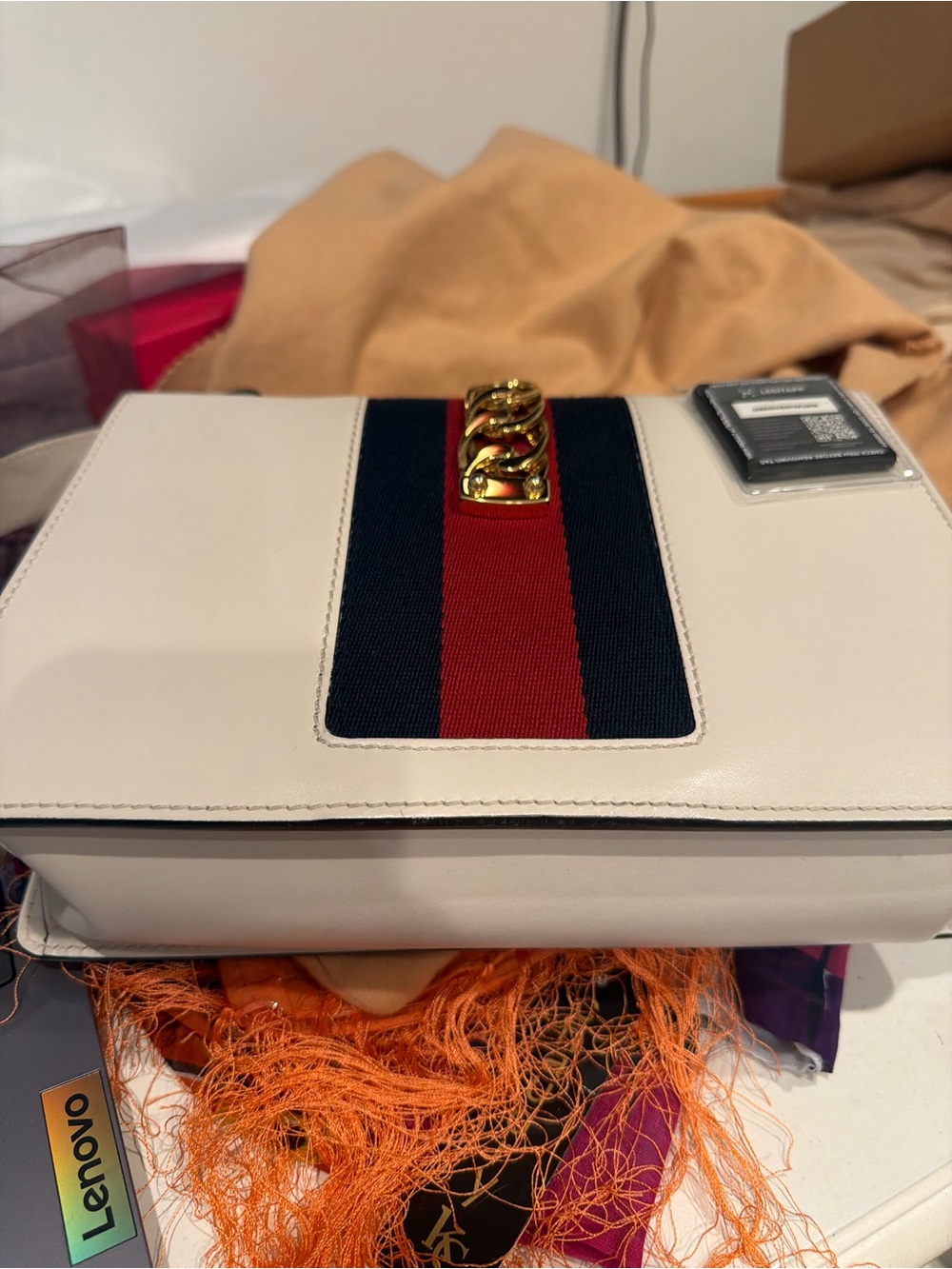 Gucci Cream Leather Crossbody with Navy and Red Web & Gold Chain - Picture 2 of 3